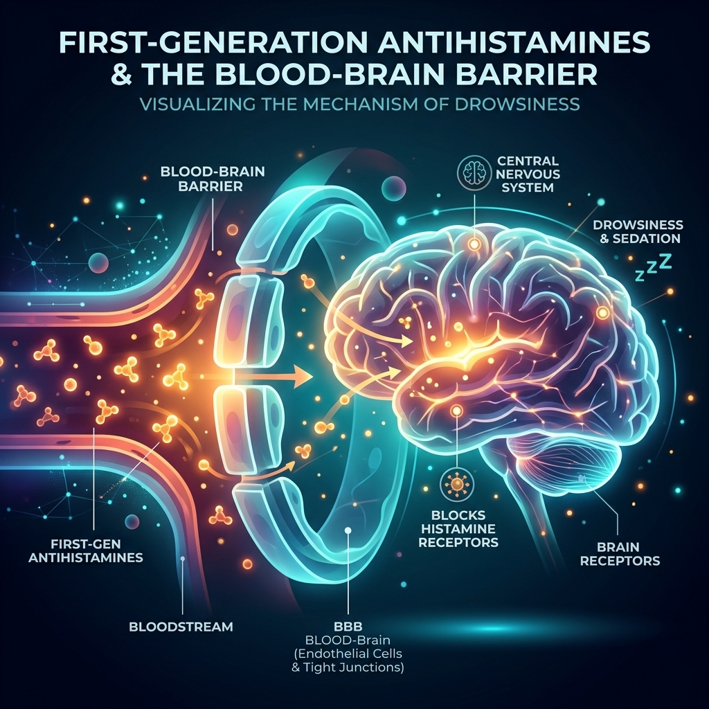 A sleek, abstract vector graphic representing the blood-brain barrier. It shows small glowing molecules crossing a translucent barrier into a stylized human brain.