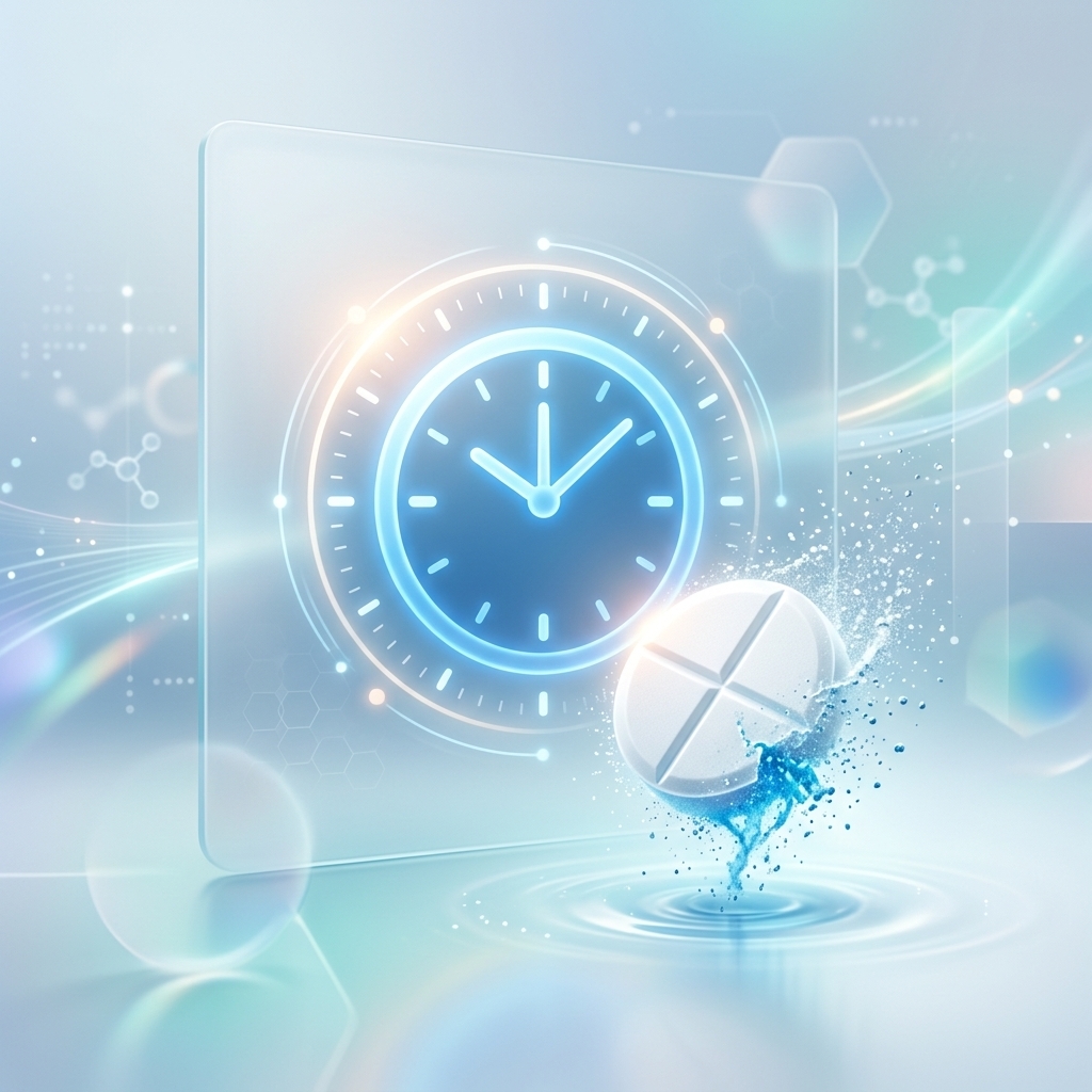 A modern, minimalist medical illustration showing a tablet dissolving with a glowing blue clock icon in the background, symbolizing the timeline and duration of medication effects.