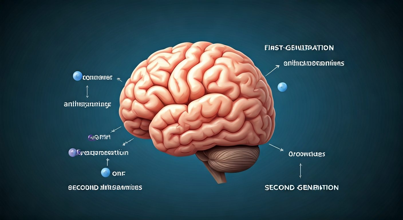 Je Dithiaden Volně Prodejný: Jak Získat Tuto Léčbu Bez Předpisu? 2 A graphical illustration showing the concept of the blood-brain barrier. A stylized brain with a barrier, showing some molecules (first-generation antihistamines) passing through causing drowsiness, and others (second-generation) being blocked. Medical, educational style, clean design.