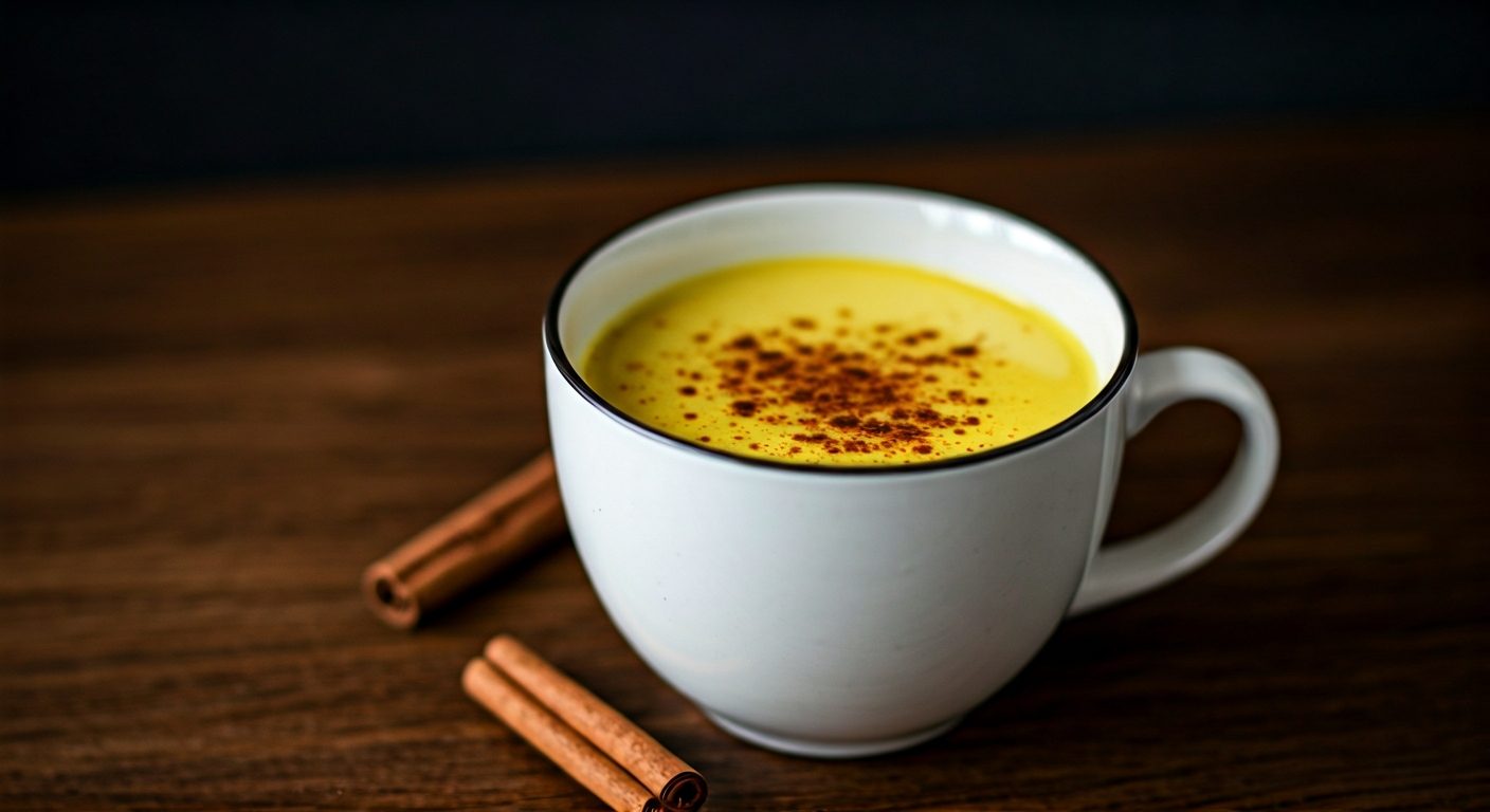 A warm, cozy close-up of a steaming cup of golden milk (turmeric latte) garnished with a cinnamon stick.
