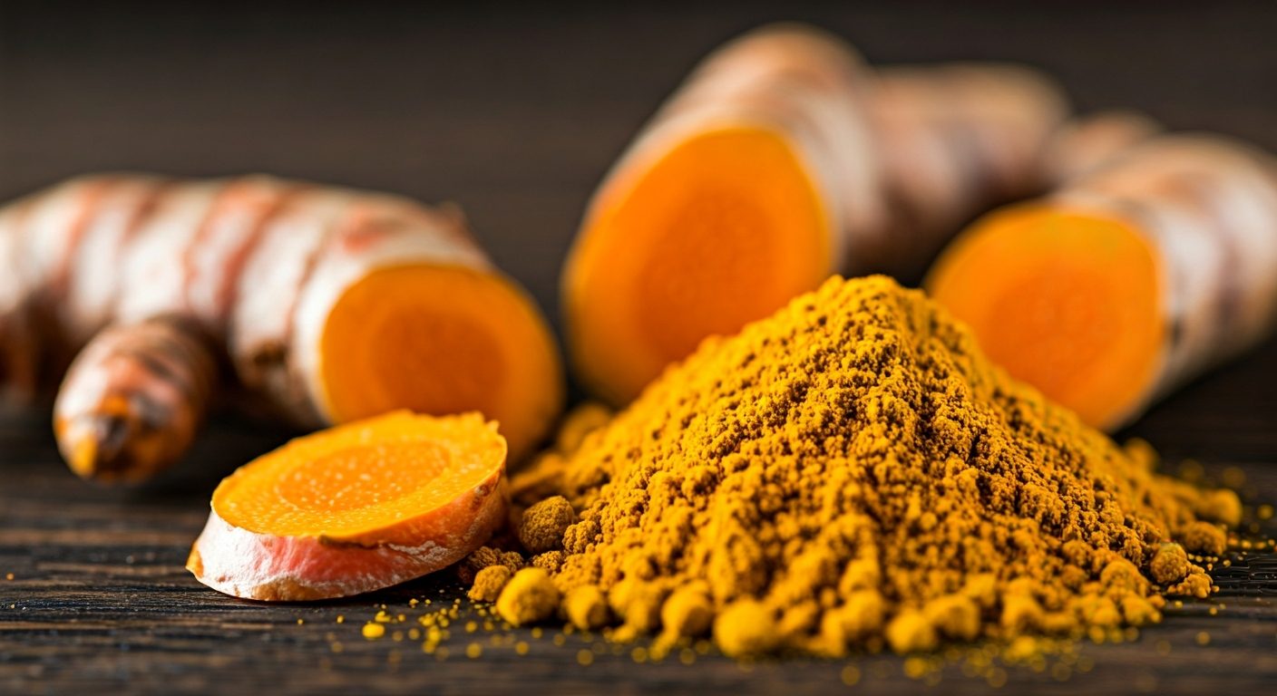 High-quality macro shot of fresh sliced turmeric root beside a pile of finely ground turmeric powder.